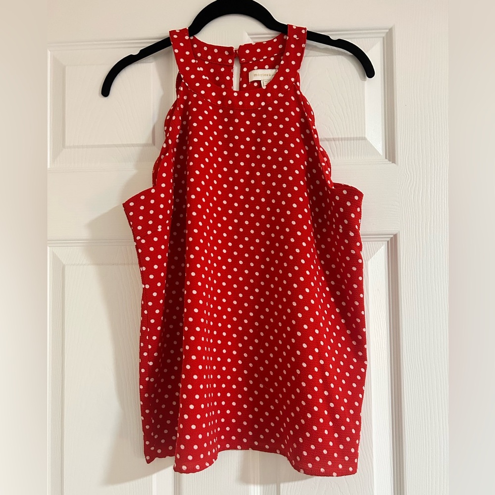 Red Polka Dot Sleeveless Top with Scalloped Edges by Monteau
